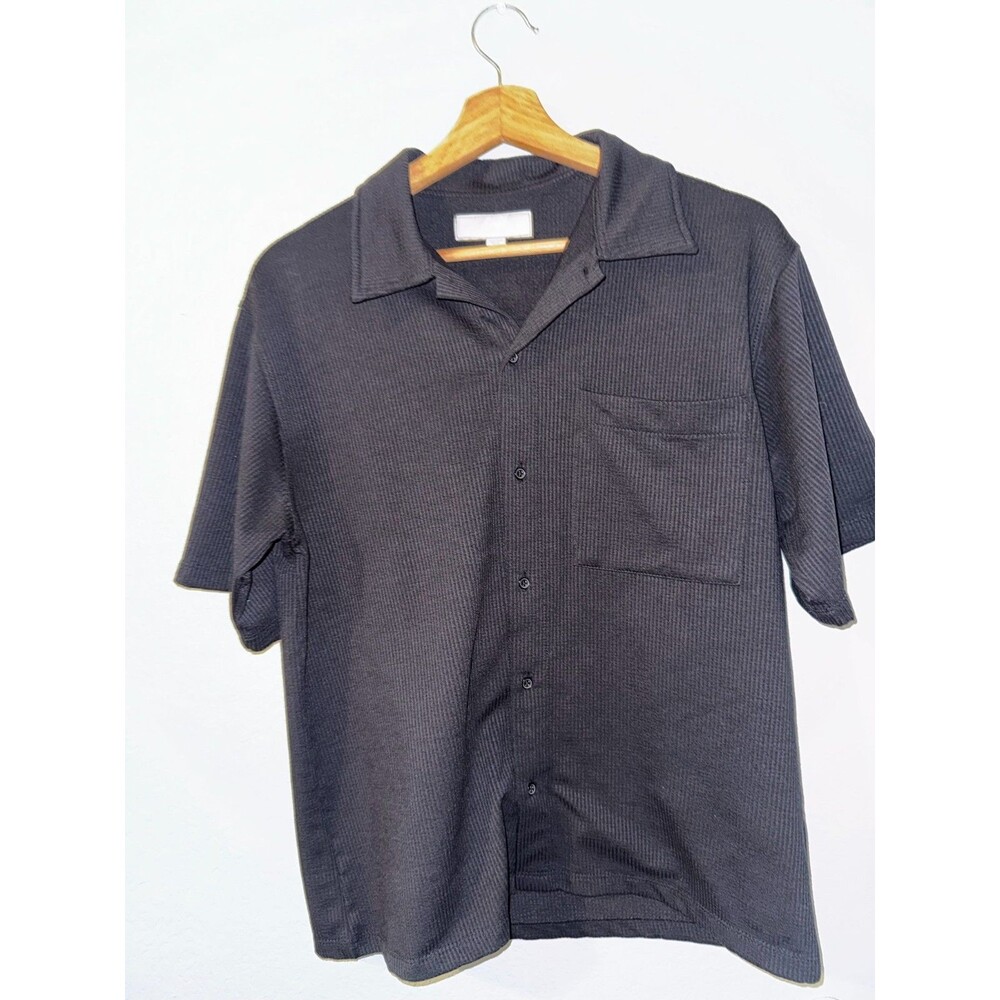 Zara Boys Textured Camp Collar Shirt 13-14 Years 164 Black Short Sleeve Pocket